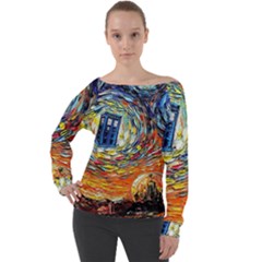 Tardis Starry Night Doctor Who Van Gogh Parody Off Shoulder Long Sleeve Velour Top by Modalart