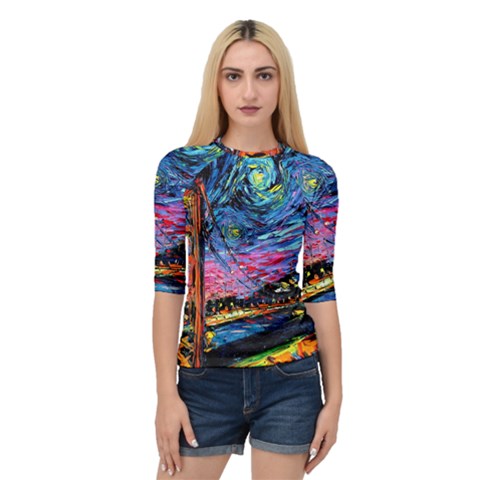 Golden Gate Bridge Starry Night Vincent Van Gogh Quarter Sleeve Raglan T-shirt by Modalart