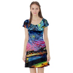 Golden Gate Bridge Starry Night Vincent Van Gogh Short Sleeve Skater Dress by Modalart