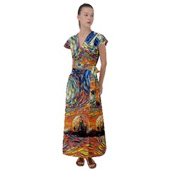 Tardis Starry Night Doctor Who Van Gogh Parody Flutter Sleeve Maxi Dress by Modalart