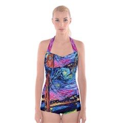 Golden Gate Bridge Starry Night Vincent Van Gogh Boyleg Halter Swimsuit  by Modalart