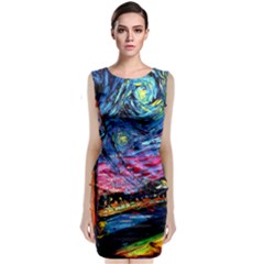 Golden Gate Bridge Starry Night Vincent Van Gogh Sleeveless Velvet Midi Dress by Modalart