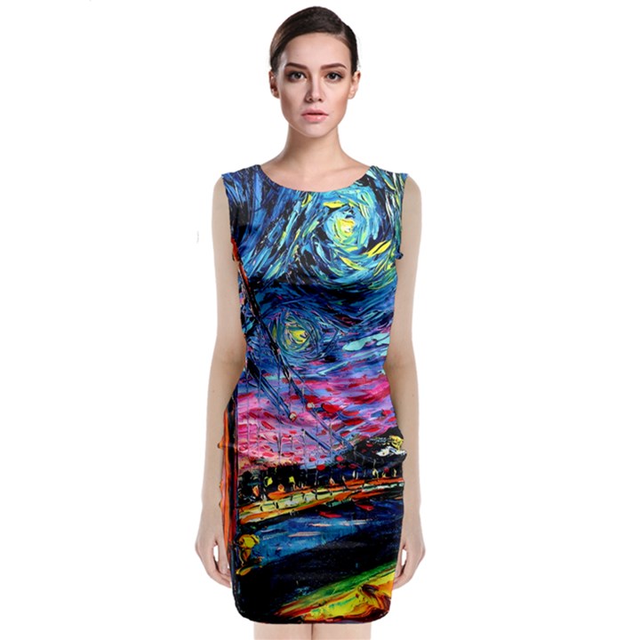 Golden Gate Bridge Starry Night Vincent Van Gogh Sleeveless Velvet Midi Dress