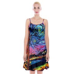 Golden Gate Bridge Starry Night Vincent Van Gogh Spaghetti Strap Velvet Dress by Modalart