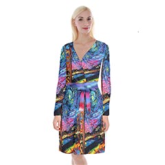 Golden Gate Bridge Starry Night Vincent Van Gogh Long Sleeve Velvet Front Wrap Dress by Modalart