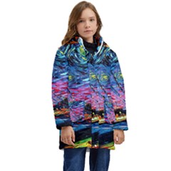 Golden Gate Bridge Starry Night Vincent Van Gogh Kids  Hooded Longline Puffer Jacket by Modalart