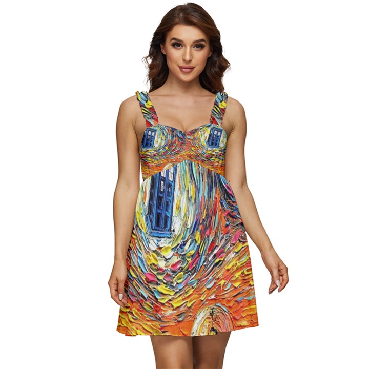 Tardis Starry Night Doctor Who Van Gogh Parody Ruffle Strap Babydoll Chiffon Dress