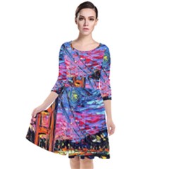 Golden Gate Bridge Starry Night Vincent Van Gogh Quarter Sleeve Waist Band Dress by Modalart