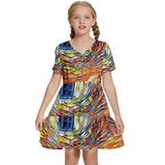 Tardis Starry Night Doctor Who Van Gogh Parody Kids  Short Sleeve Tiered Mini Dress by Modalart