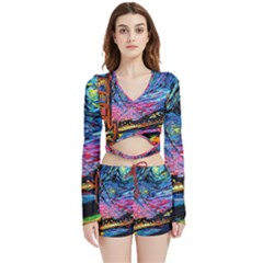 Golden Gate Bridge Starry Night Vincent Van Gogh Velvet Wrap Crop Top And Shorts Set by Modalart