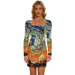 Tardis Starry Night Doctor Who Van Gogh Parody Long Sleeve Square Neck Bodycon Velvet Dress by Modalart