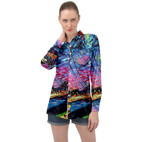 Golden Gate Bridge Starry Night Vincent Van Gogh Long Sleeve Satin Shirt by Modalart