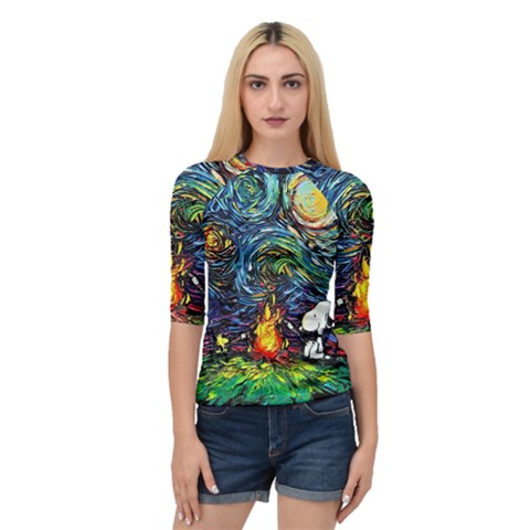 Dog Cartoon Starry Night Print Van Gogh Parody Quarter Sleeve Raglan T-shirt by Modalart