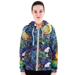 Dog Cartoon Starry Night Print Van Gogh Parody Women s Zipper Hoodie by Modalart