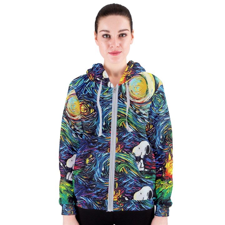 Dog Cartoon Starry Night Print Van Gogh Parody Women s Zipper Hoodie