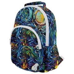 Dog Cartoon Starry Night Print Van Gogh Parody Rounded Multi Pocket Backpack by Modalart