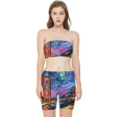 Golden Gate Bridge Starry Night Vincent Van Gogh Stretch Shorts And Tube Top Set by Modalart