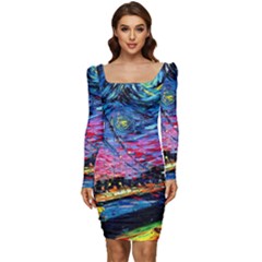 Golden Gate Bridge Starry Night Vincent Van Gogh Women Long Sleeve Ruched Stretch Jersey Dress by Modalart