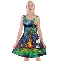 Dog Cartoon Starry Night Print Van Gogh Parody Reversible Velvet Sleeveless Dress