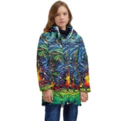 Dog Cartoon Starry Night Print Van Gogh Parody Kids  Hooded Longline Puffer Jacket by Modalart