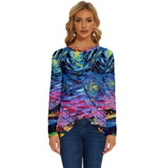 Golden Gate Bridge Starry Night Vincent Van Gogh Long Sleeve Crew Neck Pullover Top by Modalart