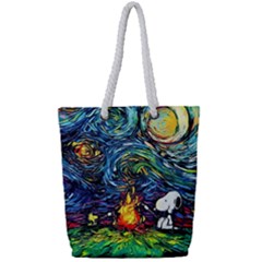 Dog Cartoon Starry Night Print Van Gogh Parody Full Print Rope Handle Tote (small) by Modalart