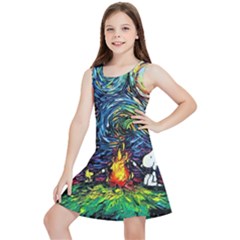 Dog Cartoon Starry Night Print Van Gogh Parody Kids  Lightweight Sleeveless Dress by Modalart