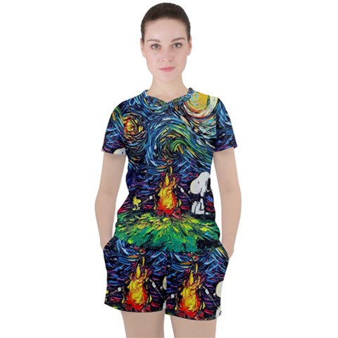 Dog Cartoon Starry Night Print Van Gogh Parody Women s T-shirt And Shorts Set by Modalart