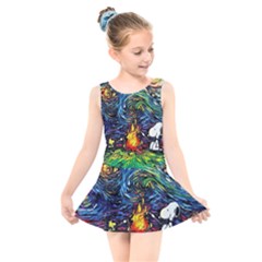 Dog Cartoon Starry Night Print Van Gogh Parody Kids  Skater Dress Swimsuit by Modalart