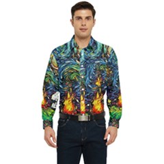 Dog Cartoon Starry Night Print Van Gogh Parody Men s Long Sleeve Pocket Shirt  by Modalart