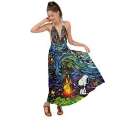 Dog Cartoon Starry Night Print Van Gogh Parody Backless Maxi Beach Dress