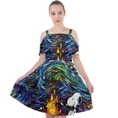 Dog Cartoon Starry Night Print Van Gogh Parody Cut Out Shoulders Chiffon Dress by Modalart