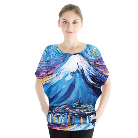 Mount Fuji Art Starry Night Van Gogh Batwing Chiffon Blouse by Modalart