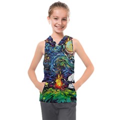 Dog Cartoon Starry Night Print Van Gogh Parody Kids  Sleeveless Hoodie by Modalart