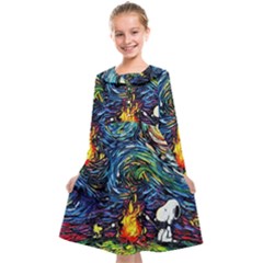 Dog Cartoon Starry Night Print Van Gogh Parody Kids  Midi Sailor Dress by Modalart