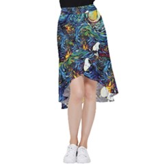 Dog Cartoon Starry Night Print Van Gogh Parody Frill Hi Low Chiffon Skirt by Modalart