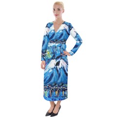 Mount Fuji Art Starry Night Van Gogh Velvet Maxi Wrap Dress