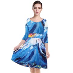 Mount Fuji Art Starry Night Van Gogh Quarter Sleeve Waist Band Dress