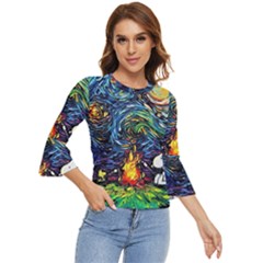 Dog Cartoon Starry Night Print Van Gogh Parody Bell Sleeve Top