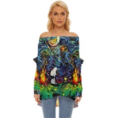 Dog Cartoon Starry Night Print Van Gogh Parody Off Shoulder Chiffon Pocket Shirt by Modalart