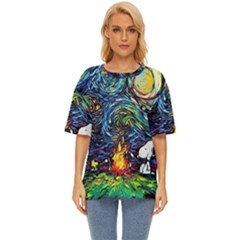 Dog Cartoon Starry Night Print Van Gogh Parody Oversized Basic T-shirt by Modalart