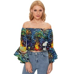 Dog Cartoon Starry Night Print Van Gogh Parody Off Shoulder Flutter Bell Sleeve Top by Modalart