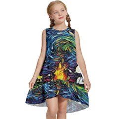 Dog Cartoon Starry Night Print Van Gogh Parody Kids  Frill Swing Dress by Modalart