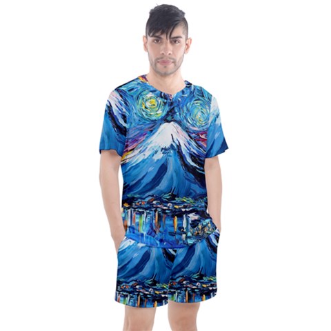 Mount Fuji Art Starry Night Van Gogh Men s Mesh T-shirt And Shorts Set by Modalart