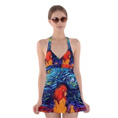 Lion Art Starry Night Van Gogh Halter Dress Swimsuit  by Modalart