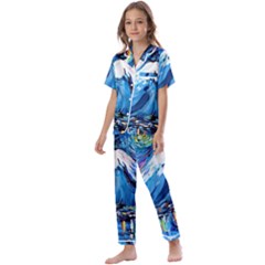 Mount Fuji Art Starry Night Van Gogh Kids  Satin Short Sleeve Pajamas Set