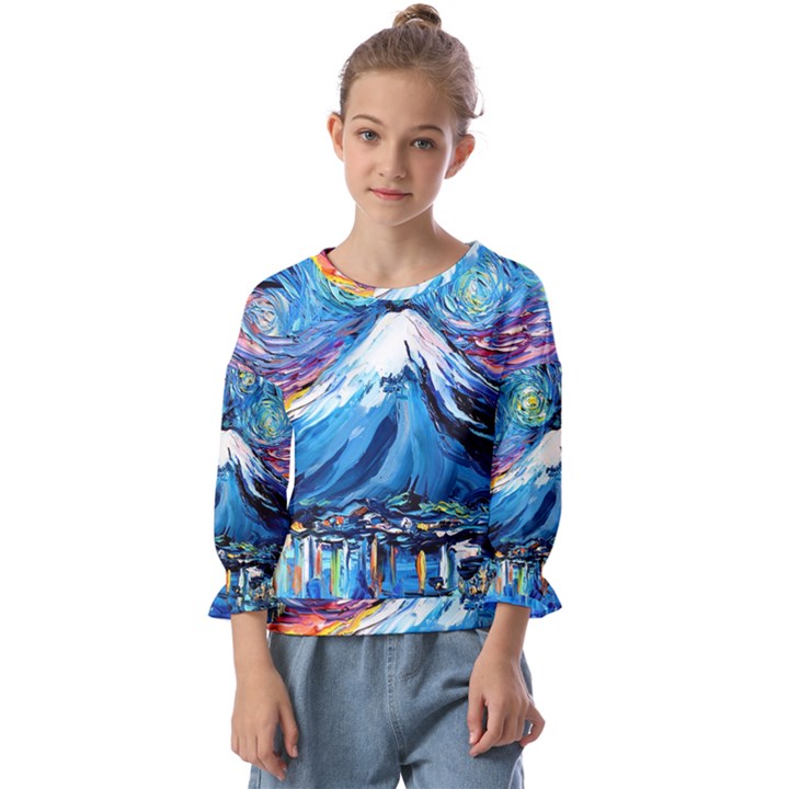 Mount Fuji Art Starry Night Van Gogh Kids  Cuff Sleeve Top