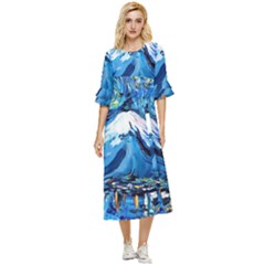 Mount Fuji Art Starry Night Van Gogh Double Cuff Midi Dress