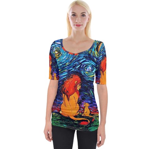 Lion Art Starry Night Van Gogh Wide Neckline T-shirt by Modalart