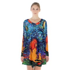 Lion Art Starry Night Van Gogh Long Sleeve Velvet V-neck Dress